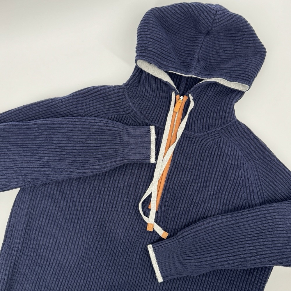 Collars & Co‎ Men's Cotton Cashmere Rib Knit Hooded Quarter Zip Sweater Navy L